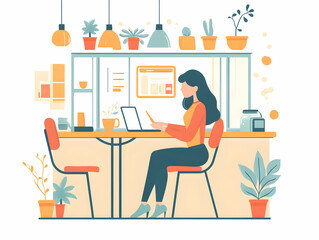 Fototapeta premium Flat Candid Illustration of a Shopper Browsing Cyber Monday Electronics Deals in a Caf? - Ideal for Modern Business and E-commerce Themes