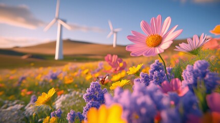 Fototapeta premium Wind turbines and solar panels in a landscape of green fields, forests, flowers, and blue sky. Symbolizing renewable energy and sustainability