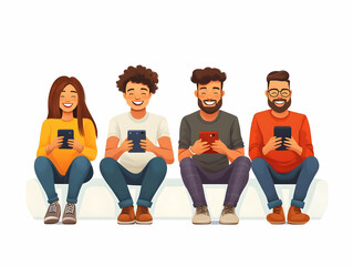 Obraz premium Flat Candid Illustration of Friends Excitedly Comparing Cyber Monday Phone Deals in a Relaxed Setting - Group Shopping Fun