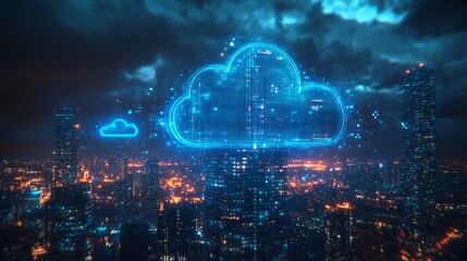 A glowing blue cloud icon hovers over a cityscape at night, representing cloud computing and data storage.