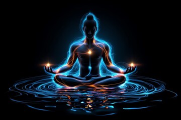 A figure seated in a lotus position, surrounded by glowing lines of energy that represent focus and mindfulness, radiating calm