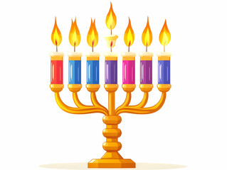 Glossy Flat Menorah with Holographic Glowing Candles and Dreidel on Isolated White Background - Modern Festive Vector Illustration with Ample Copy Space for Promotions