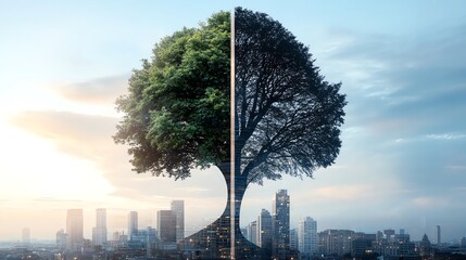 Fototapeta premium A tree symbolizes the contrast between nature and urban life, depicted against a city skyline, highlighting environmental themes.