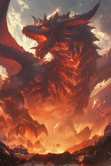 red dragon erupts in flames amidst a fiery landscape