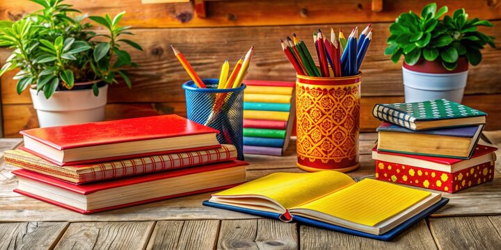 Brightly colored Spanish books and notebooks rest on a wooden desk, accompanied by various stationery supplies, offering an inspiring environment for exploring the language creatively.