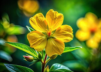 Fototapeta premium Brilliant yellow petals of the Mexican Primrosewillow flower flourish against a rich green background, creating a captivating scene that highlights nature's vibrant beauty and diversity.