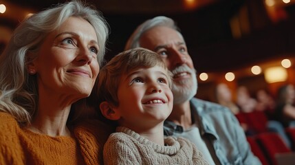 A grandmother, grandfather, and grandson sit together at a theater event, smiling and looking up at the stage.