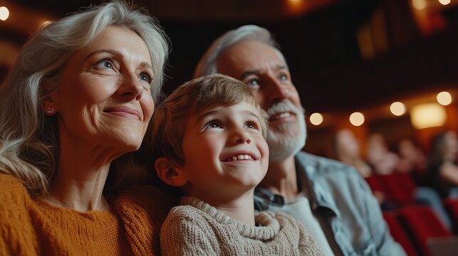 A grandmother, grandfather, and grandson sit together at a theater event, smiling and looking up at the stage.