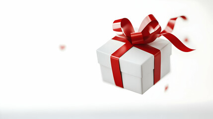 Obraz premium 3D Flying Christmas Gift Box with Colorful Ribbon Isolated on White Background - Festive Holiday Concept for Gift Promotions and Celebrations