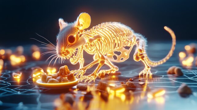 Glowing Skeleton of Hamster Nibbling on Food in the Dark with Illuminated Edges