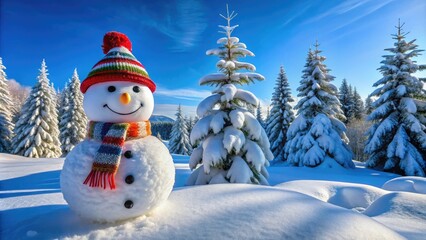 Fototapeta premium Charming Snowman in a Winter Wonderland Surrounded by Snowy Trees and a Clear Blue Sky
