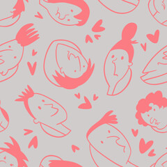 Seamless background with funny faces of anthropomorphic creatures. Humorous characters with different emotions