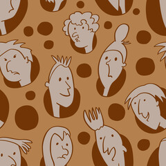 Seamless background with funny faces of anthropomorphic creatures. Humorous characters with different emotions