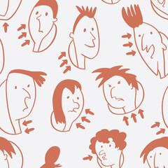 Seamless background with funny faces of anthropomorphic creatures. Humorous characters with different emotions