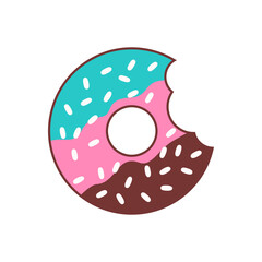Donut logo design emblem vector illustration template with a bite delicious bakery