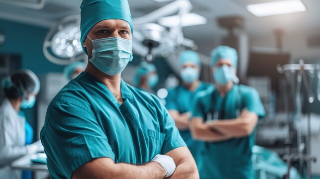 Portrait of a Confident Surgeon Standing in an Operating Room Wearing Scrubs and a Mask
