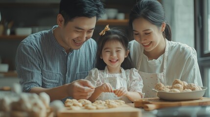 A happy Asian family of three is baking cookies together in the kitchen. The little girl is holding a cookie in her hand and smiling at her parents.