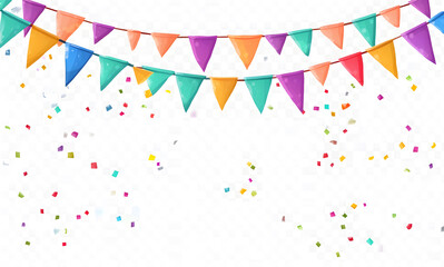 Obraz premium The background is white, with colorful flags and confetti hanging on the sides. The colors include reds design, yellows, greens, blues, purples, pinks, oranges, dark green design