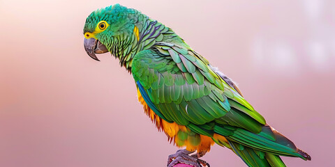 Fototapeta premium A colorful parrot perched on a perch, its green feathers and yellow beak accentuated against a soft pink background.