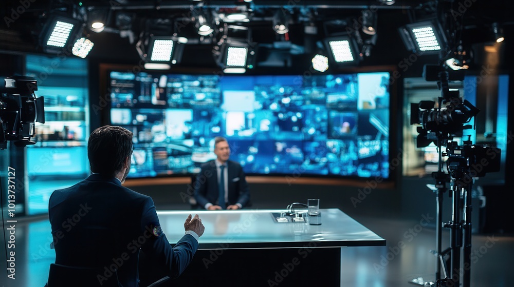 Leinwandbilder A host is engaging in an interview with a guest in a modern news studio equipped with multiple screens showcasing real-time news. Generative AI