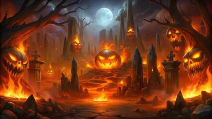 Pumpkins on fire in spooky Halloween scene.