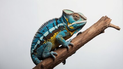 Obraz premium Beautifully colored chameleon lizard perched on a branch and isolated on a white background