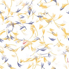 Fototapeta premium Abstract luxury watercolor leaves. Seamless hand drawn pattern design. Dusky blue, light mustard and light coral colors on the white background