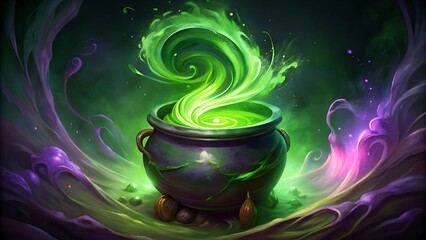 Glowing green cauldron with magical potion.