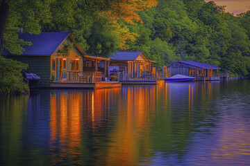 Obraz premium Tranquil Lakeside Retreat at Sunset