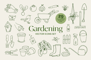 Hand drawn gardening icons with tools and plants 