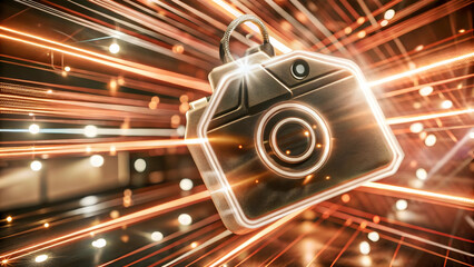 Floating Glowing Abstract Price Tag with Futuristic Lines and Radiant Light Effects for Cyber Monday Discounts - Stock Photo Concept