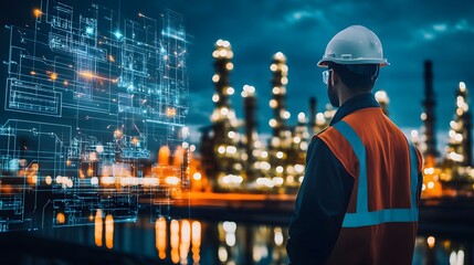 Engineer with oil refinery industry plant in the background, showing industrial instruments and system icons
