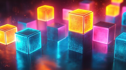 Neon glowing cubes on a dark background, abstract design concept.