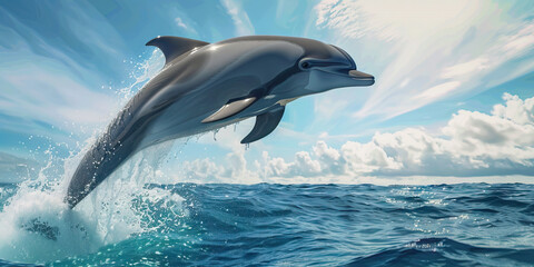 Obraz premium A playful dolphin leaping out of the ocean, its gray body contrasting against the deep blue sea and tropical sky.