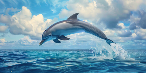 A playful dolphin leaping out of the ocean, its gray body contrasting against the deep blue sea and tropical sky.