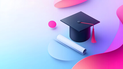 The background of the graduation poster is white, with an open cap and diploma on it. The entire scene has soft lighting effects, creating a dreamy atmosphere  design