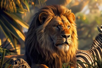 Fototapeta premium a lion and zebra in the golden light of sunset, showcasing the beauty and majesty of the African plains. Perfect for wall art and nature calendars.