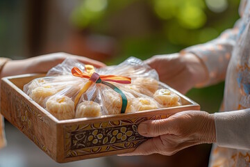 Gift of pedha beautifully wrapped in plastic and ribbon, symbolizing the tradition of gifting sweets for Raksha Bandhan or Diwali celebrations