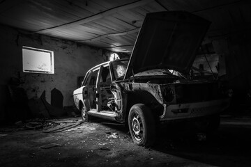 Obraz premium front view of an old car wreck in black and white