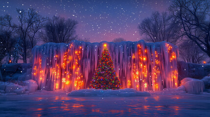 Frozen waterfall covered in glistening holiday lights