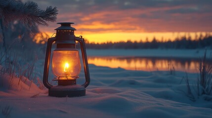 A lantern glows in the snowy landscape at sunset.
