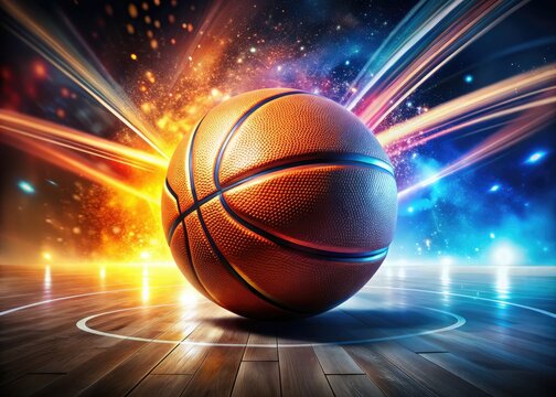 Design a lively basketball illustration emphasizing action and energy, perfect for sports and fitness backgrounds, using striking colors and dynamic shapes to engage viewers.
