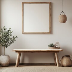 This image features a rustic wooden bench alongside a plant in a minimal entryway, blending natural tones and textures.