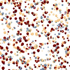 Dark red, dark pastel blue and peach orange volume bubbles on the white background. Abstract seamless hand drawn pattern.