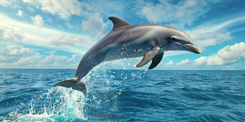Fototapeta premium A playful dolphin leaping out of the ocean, its gray body contrasting against the deep blue sea and tropical sky.