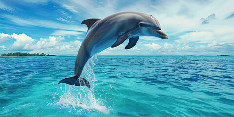Obraz premium A playful dolphin leaping out of the ocean, its gray body contrasting against the deep blue sea and tropical sky.