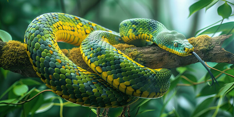 A slithering snake coiled around a tree branch, its green and yellow scales blending into the lush greenery.