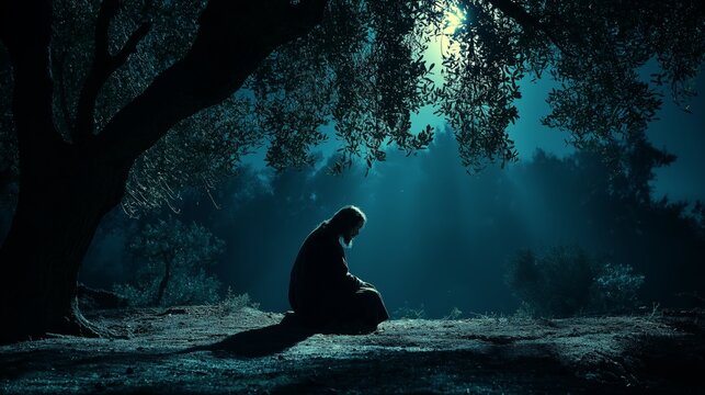 Cinematic, wide-angle shot of Jesus kneeling alone in the dark, moonlit garden of Gethsemane.