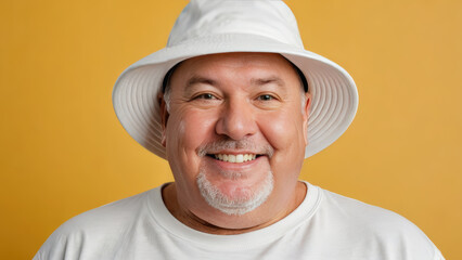 Plus size man wearing white t-shirt and white bucket hat isolated on yellow background