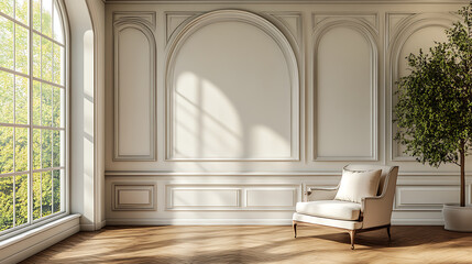 Fototapeta premium A white armchair sits in a spacious room with large windows, wooden floors, and white paneled walls.